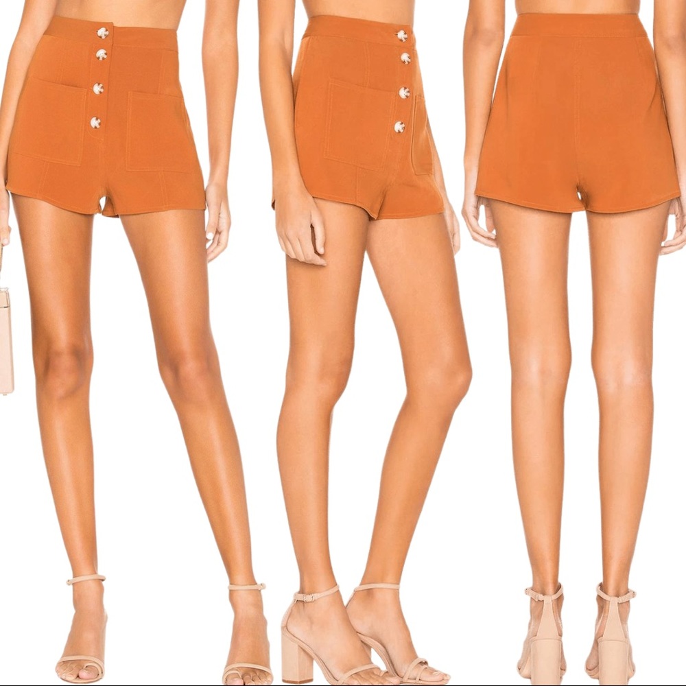 Tularosa Tate Shorts in Rust Burnt Orange High Waist Button Front Silky Shorts - Picture 8 of 15